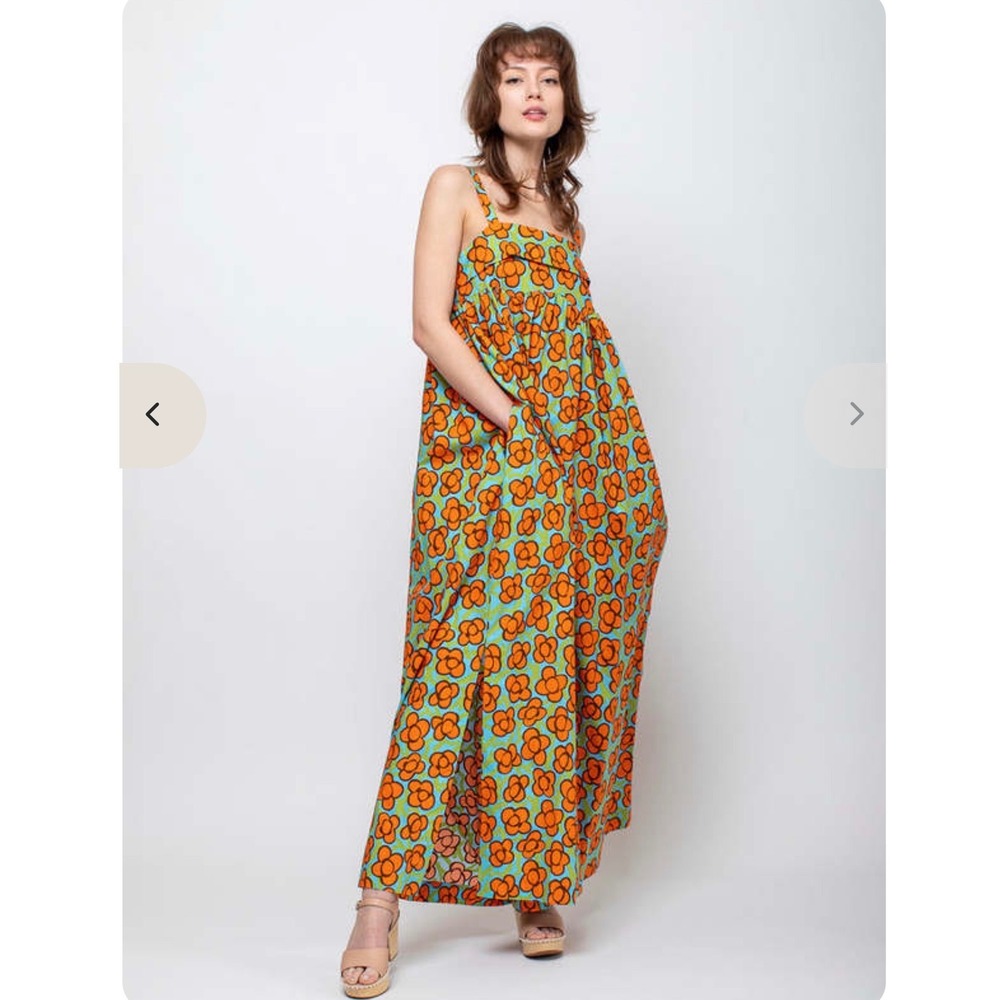 ODEEH Womens Floral Cotton Maxi Dress Blue Purple Yellow Square Neck Pockets 40 - Picture 4 of 14